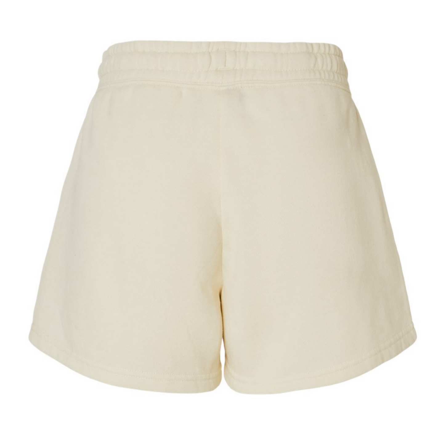 Mama Shorts in cream with a comfy warm fabric. Draw strings loop the front and small emblem of "mama" is on the right hand side of the short in black - on the front. This is the back view of the shorts.
