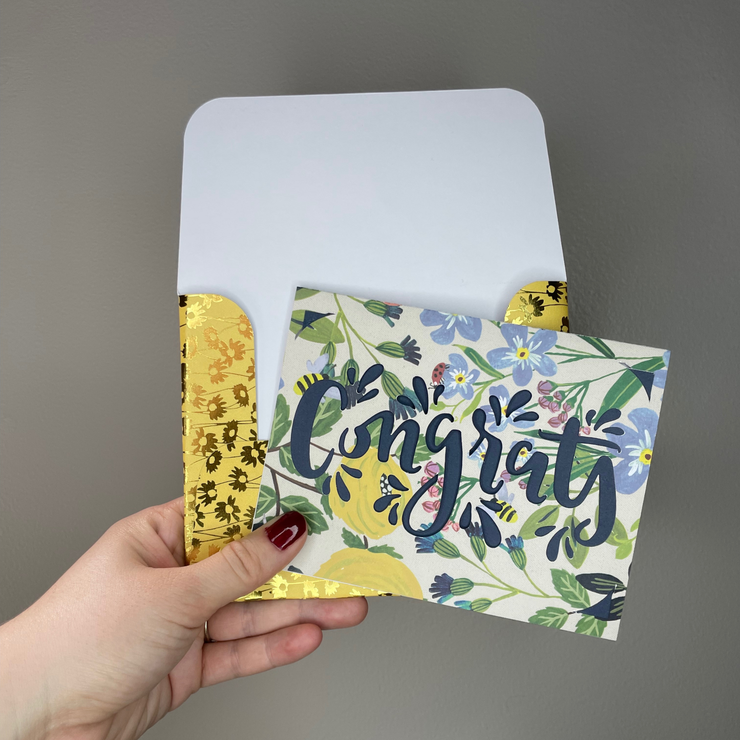 Congrats Greeting Card - Floral white blue background and yellow floral envelope