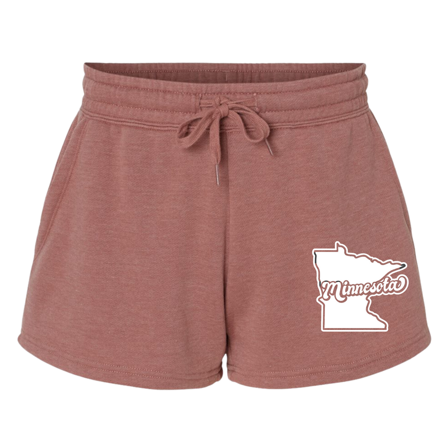 Minnesota Shorts in a light pink/red color with the state of minnesota emblem on the front right corner of the short with minnesota through it. This is the front view of the short.