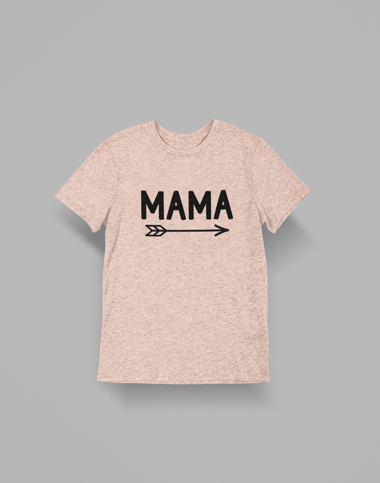 Mama - T-Shirt in heather prism peach. Mama is in a black design with an arrow below it pointing to the right. This is the front view of the t-shirt on a gray background.