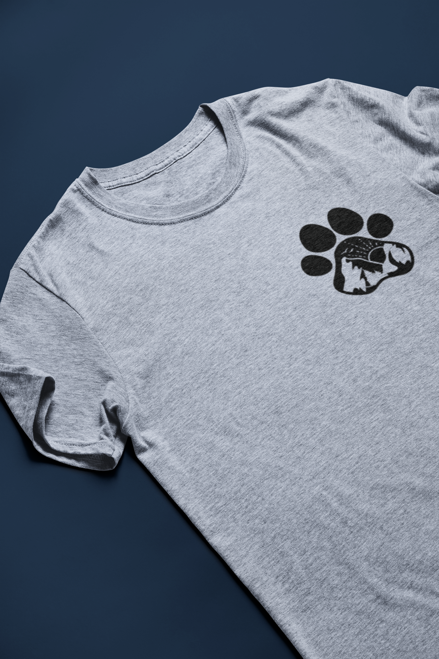 Laid out view of lab dog mom shirt - front view) with the paw print on the right hand corner with mountains, trees, sun rise, and birds