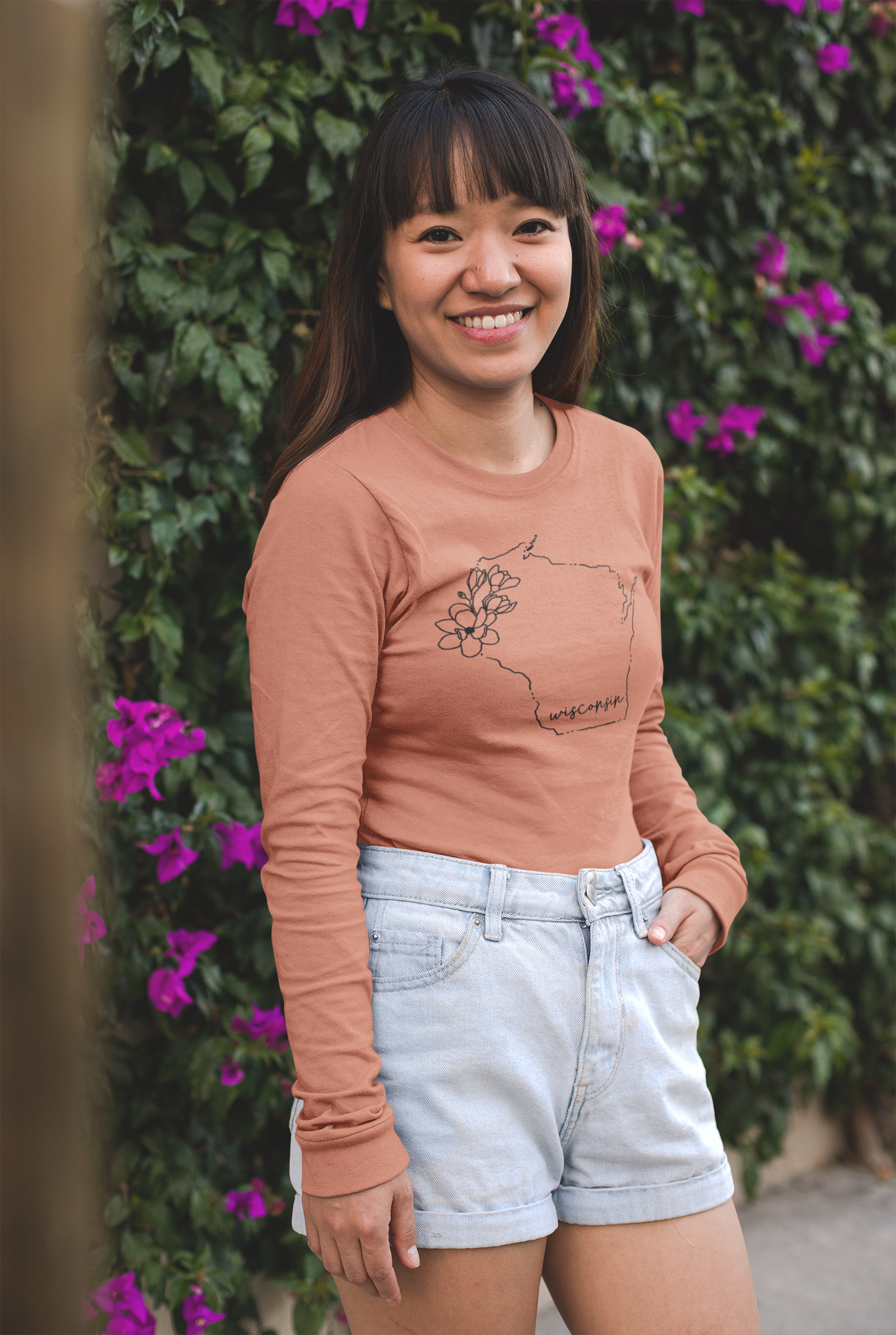 Wisconsin Floral Outline Long Sleeve Shirt