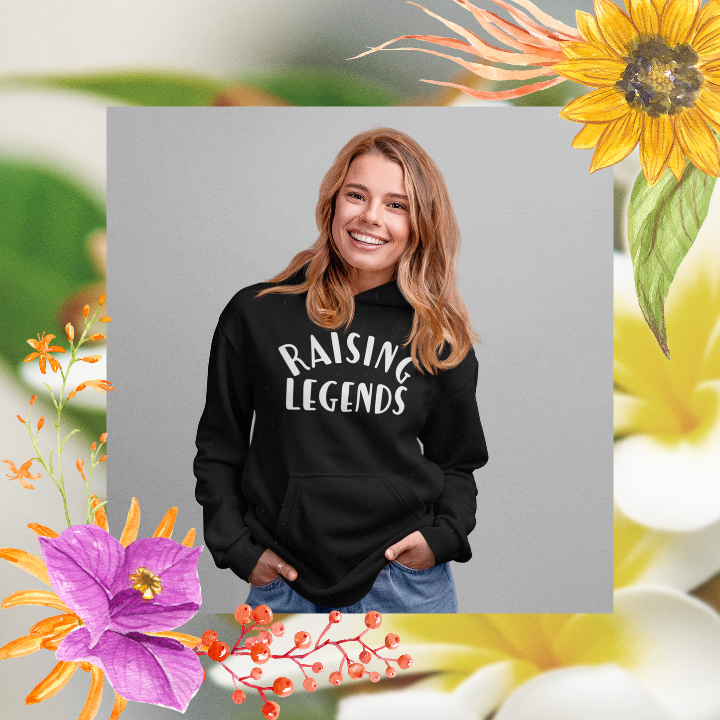 Raising Legends Black Sweatshirt Hoodie - Front ViewRaising Legends - Hooded Sweatshirt in black with white writing. Raising is curve at the top and legends is straight on the bottom. Features an innovative print process that raises the ink for a more defined design. This is the front view of the sweatshirt on a female model with a floral border.