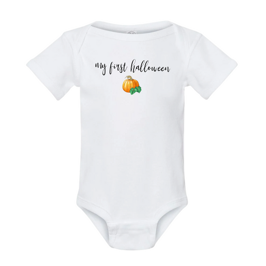 White baby onesie with 'my first halloween' text and pumpkin graphic on a white background