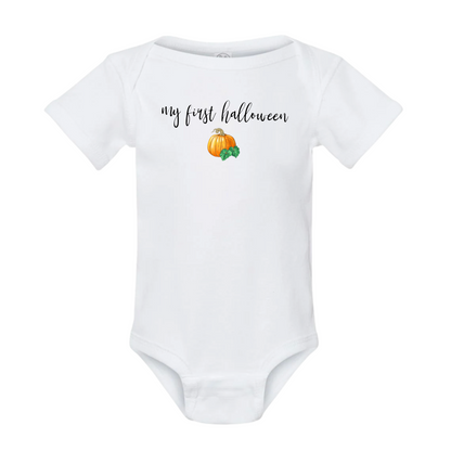 White baby onesie with 'my first halloween' text and pumpkin graphic on a white background