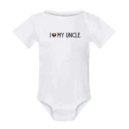 White baby onesie with 'I ❤️ MY UNCLE' text on a white background