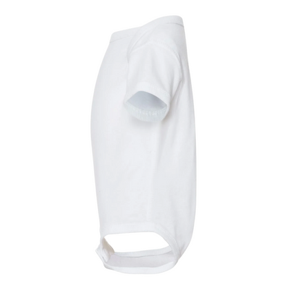 White athletic shirt with a small logo on a white background