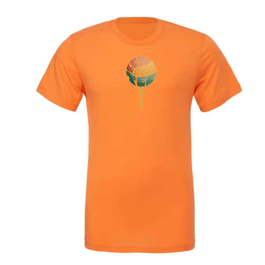 Orange t-shirt with a graphic design on a white background