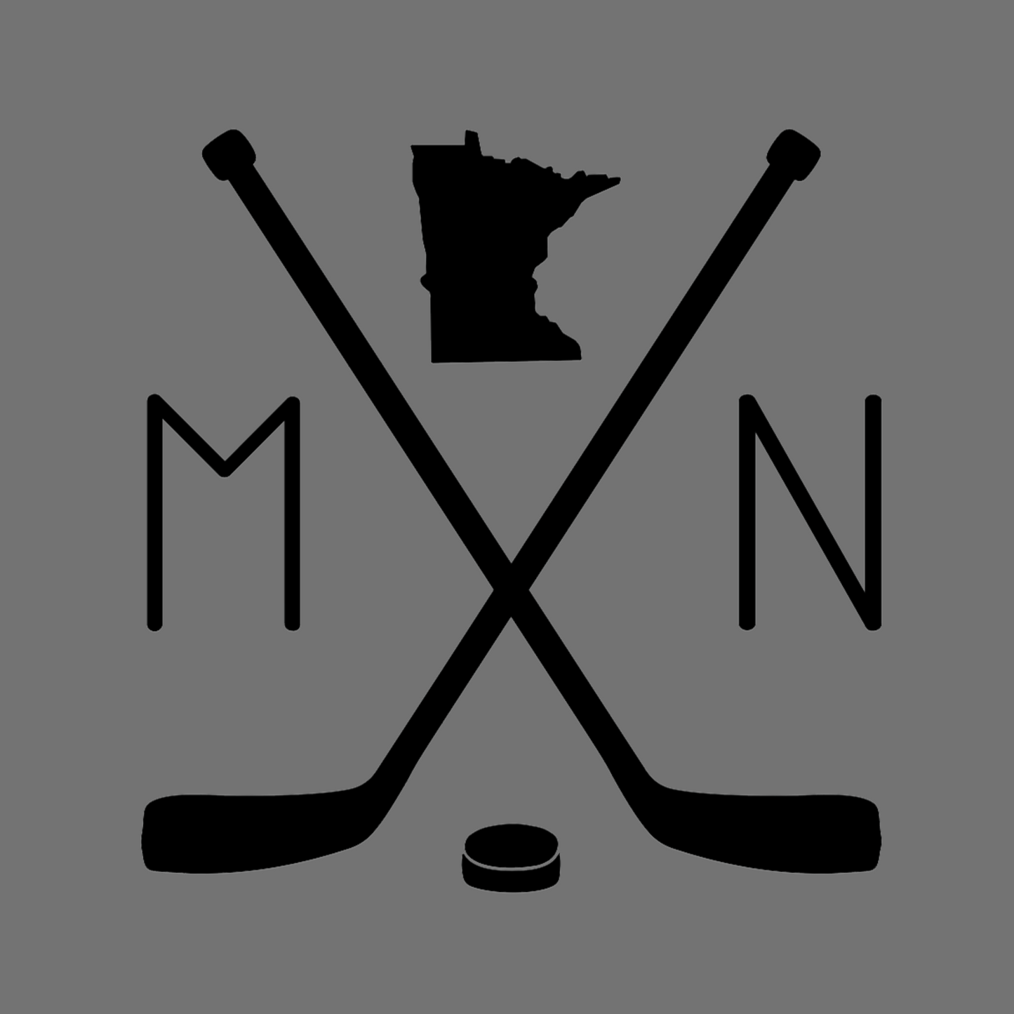 Heather Gray Minnesota Hockey T-Shirt. On the front has a black design with to hockey sticks faced like an X with a puck below in. An M to the left, an N to the right, and an outline of the state of minnesota up top. This is an image of the design in black on a gray background for an up close view.