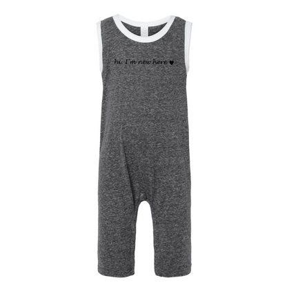 Gray baby romper with text on a white background