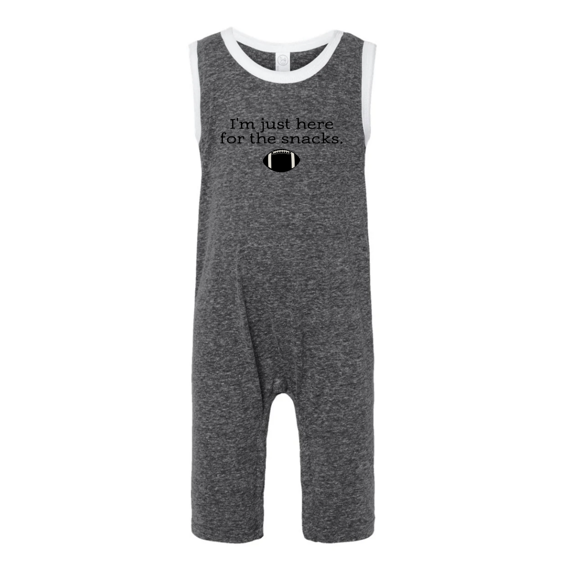 Gray romper with text 'I'm just here for the snacks' on a white background