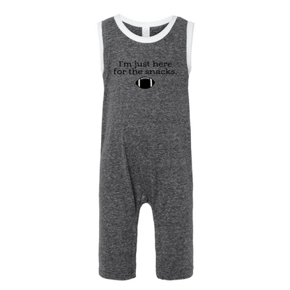 Gray romper with text 'I'm just here for the snacks' on a white background