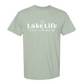 Light green t-shirt with 'Lake Life is the best life' text on a white background
