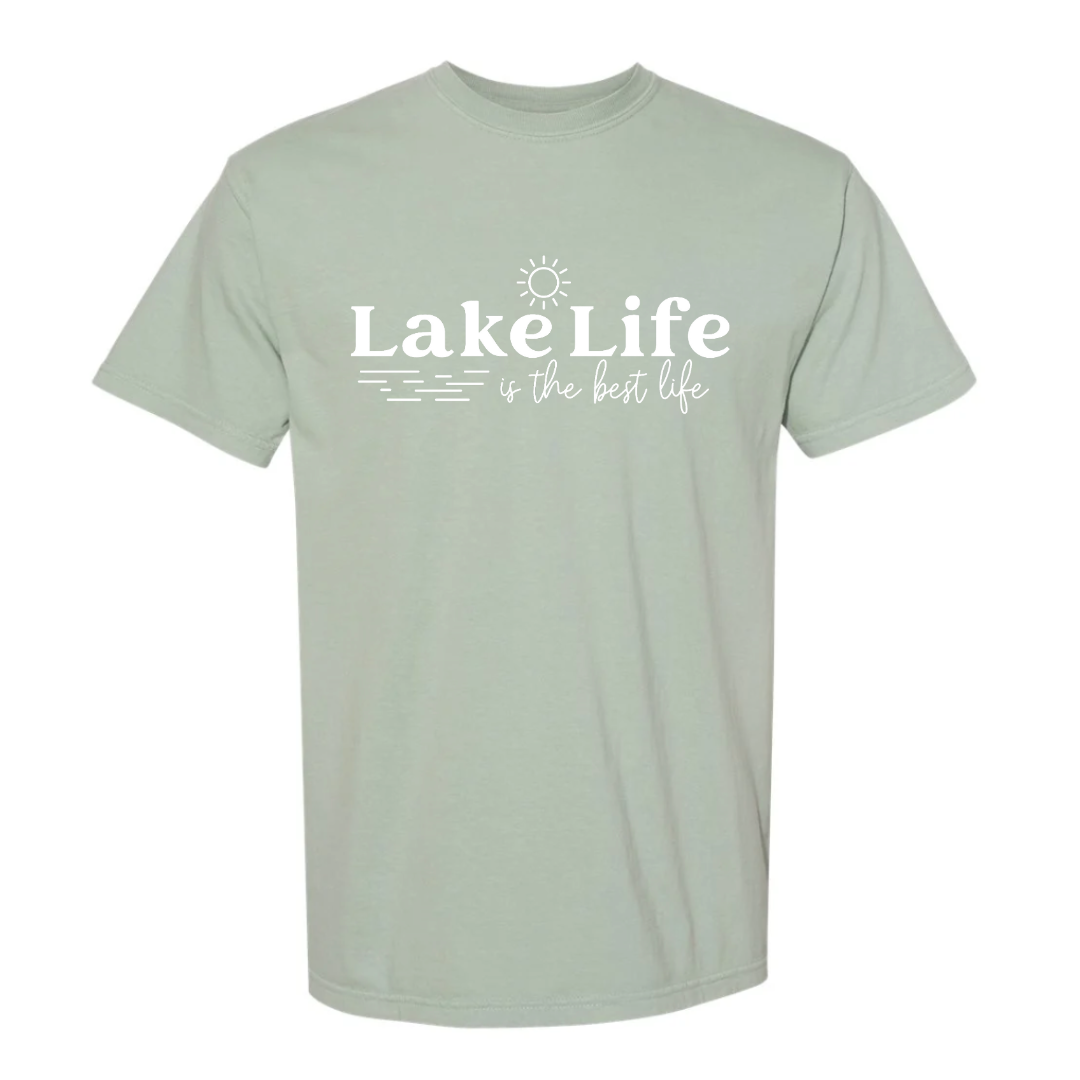 Light green t-shirt with 'Lake Life is the best life' text on a white background