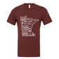 Minnesota Wines - T-Shirt. Red Heather Wine Colored Shirt with a white design of a Minnesota outline with a wine bottle, cheese slice, wine opener, grapes, vines, olives, and barrel inside it. Include also includes names of wines including - Malbec, moscato, port, Syrah, zinfandel, pinot Grigio, cabernet, chardonnay, riesling, merlot, Prosecco, pinot noir, sauvignon blanc. This is the front view of the shirt.