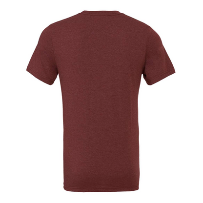 Minnesota Wines - T-Shirt. Red Heather Wine Colored Shirt with a white design of a Minnesota outline with a wine bottle, cheese slice, wine opener, grapes, vines, olives, and barrel inside it. Include also includes names of wines including - Malbec, moscato, port, Syrah, zinfandel, pinot Grigio, cabernet, chardonnay, riesling, merlot, Prosecco, pinot noir, sauvignon blanc. This is the back view of the shirt.