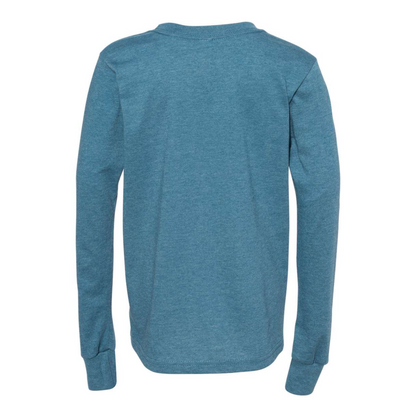 Mama Long Sleeve Shirt in blue with black design on the front with big bold writing "Mama" with an arrow underneath pointing right. This is the back view of the shirt.