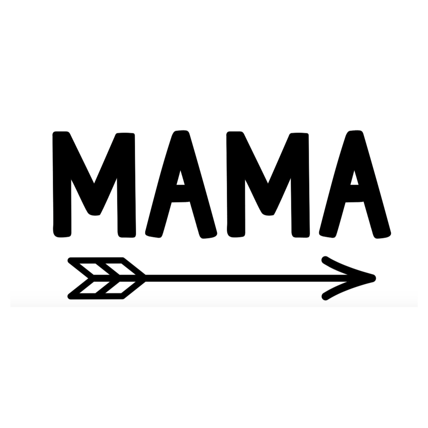 Mama - T-Shirt in heather prism peach. Mama is in a black design with an arrow below it pointing to the right. This is a close up of the black design on a white background.