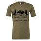 The Breweries Are Calling And I Must Go - T-Shirt in a heather Olive Garden. Black Design on the front with the saying "the breweries are calling and I must go" with arrows pointing at "are calling" hoops surrounding the "breweries" and pine trees, mountains and 2 black bears above the saying. This is the front view of the shirt.